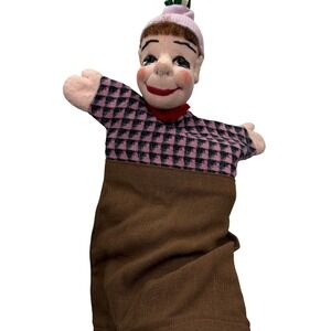Vintage Hand Puppet Boy Pink Hat and Plaid Shirt Brown Pants Toy Collectible